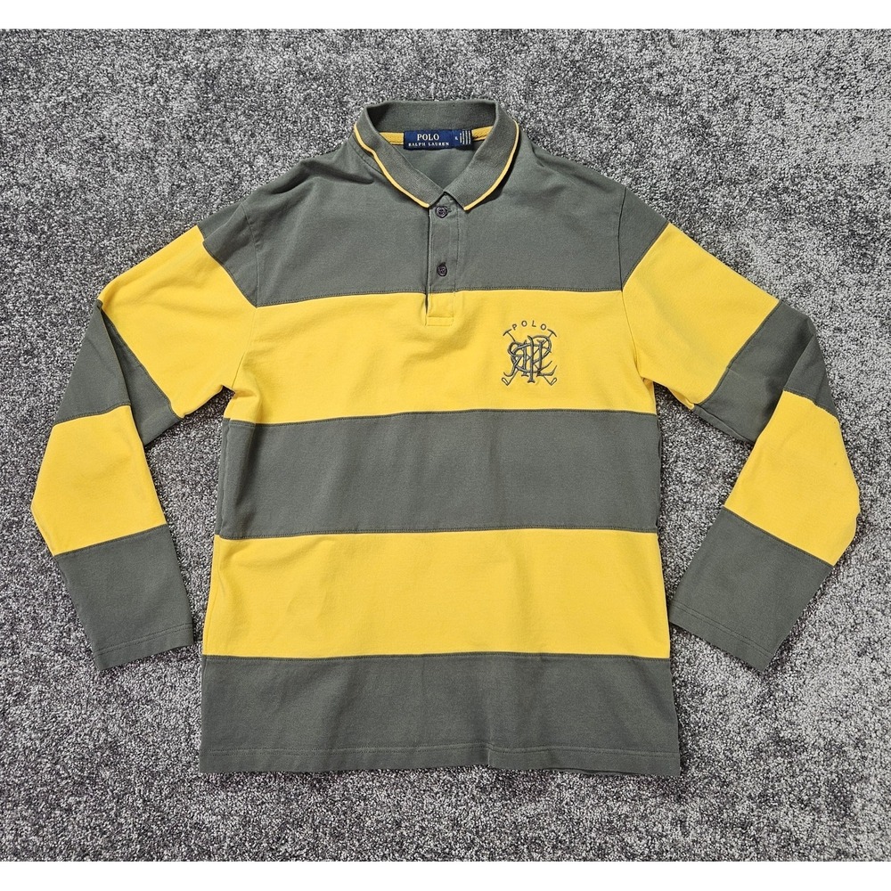 Polo Ralph Lauren Women's XL Rugby Shirt Yellow Gray Striped Crest Logo Cotton